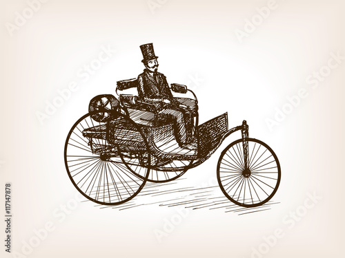 Vintage gentleman drive car sketch vector