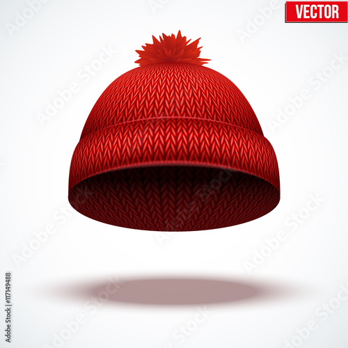 Knitted woolen cap. Winter seasonal red hat. vector illustration