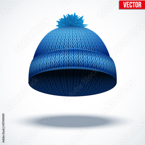 Knitted woolen cap. Winter seasonal blue hat. vector illustration