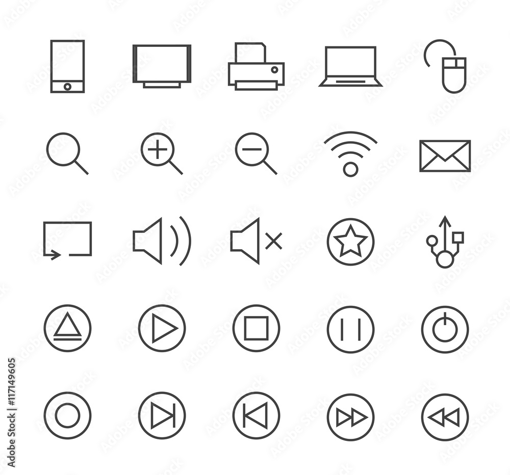 Set of Quality Isolated Universal Standard Minimal Simple Black Thin Line Multimedia Icons on White Background. Set of Quality Isolated Universal Standard Minimal Simple Black Thin Line Multimedia Icons on White Background.