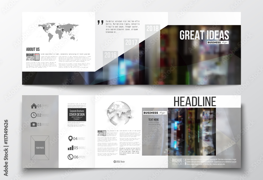 Set of tri-fold brochures, square design templates with world map and globe. Leaflet cover, abstract geometric background, business layout Set of tri-fold brochures, square design templates with world map and globe. Leaflet cover, abstract geometric background, business layout