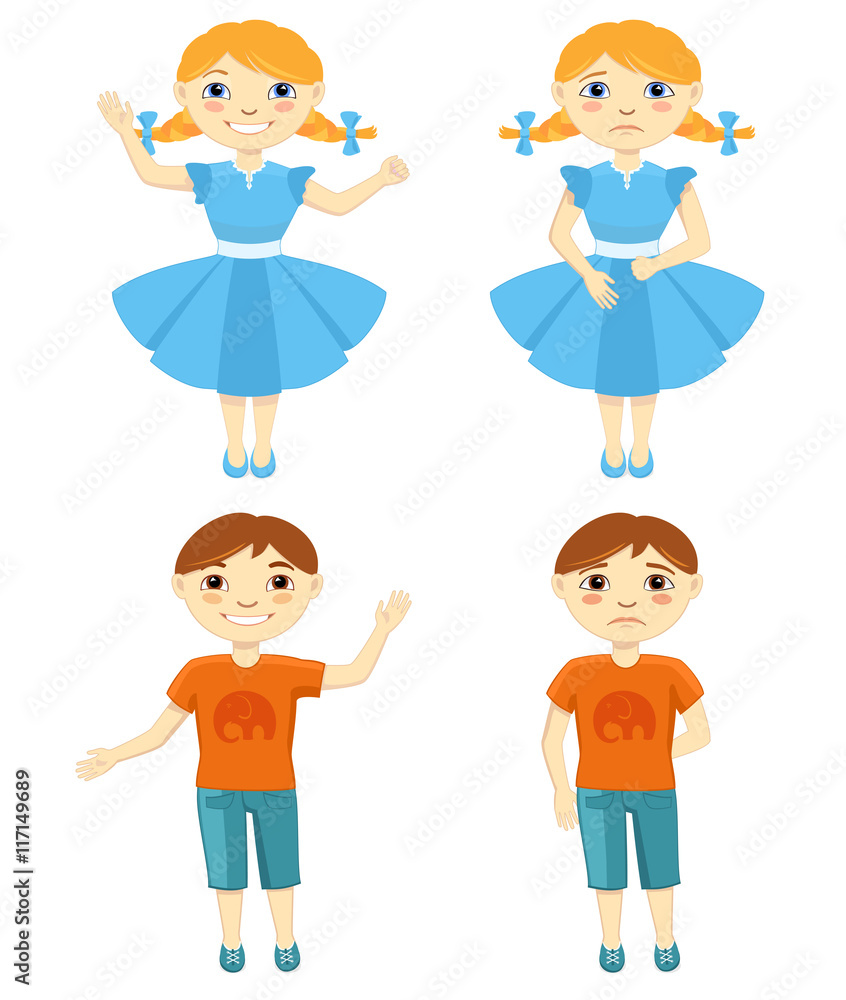 Vector Illustration of Sad and Happy Kids. Boy and girl shows different expressions: children smile or cry. Vector Illustration of Sad and Happy Kids. Boy and girl shows different expressions: children smile or cry.