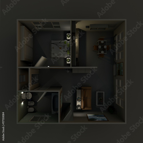 3d interior rendering plan view of furnished home apartment with turned on lights by night