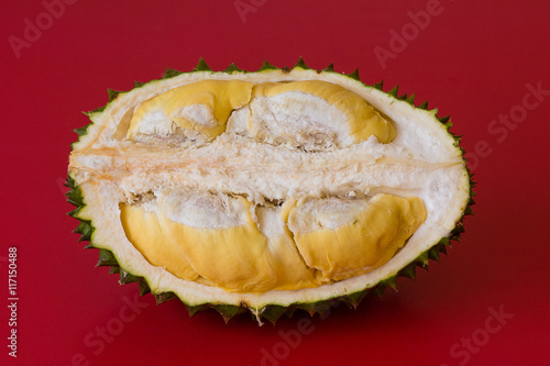 King of fruits, durian on red background. Close up