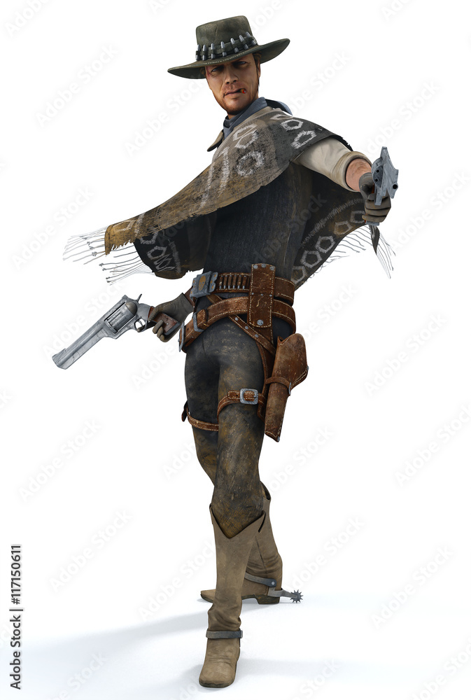 3d illustration of a cowboy shooting with two guns on a white ba 3d illustration of a cowboy shooting with two guns on a white ba