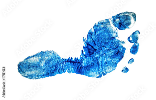 Real imprint of child foot in blue color isolated on white background © Creativemarc