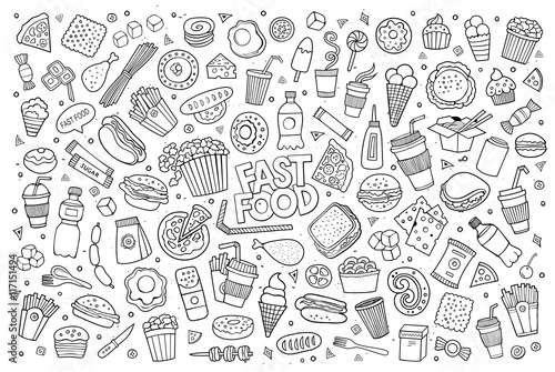 Fast food doodles hand drawn sketchy vector symbols 