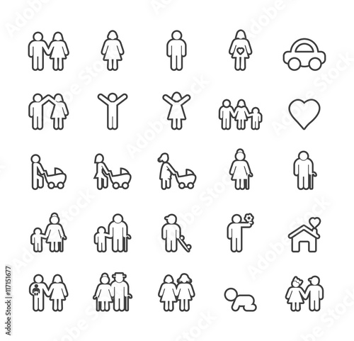 Set of Quality Isolated Universal Standard Minimal Simple Black Thin Line Family Icons on White Background. 