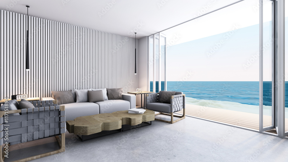 Livingroom take sea view - 3D render Livingroom take sea view - 3D render