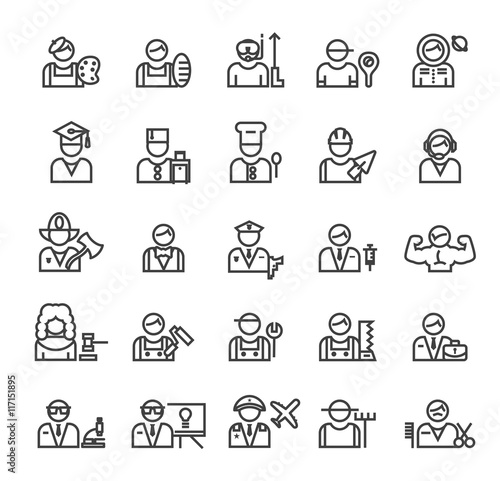 Set of Quality Universal Standard Minimal Simple Profession Black Thin Line Icons on White Background. 