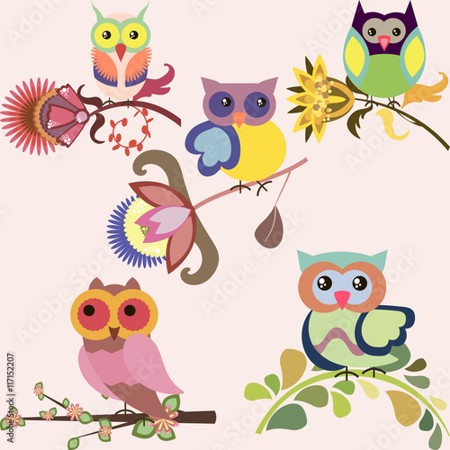 Set of cute multicolored owls sitting on flowers