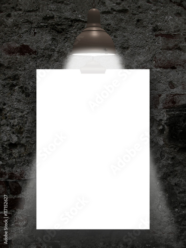Close-up of one blank square frame hanged by clip with light against dark stone wall background