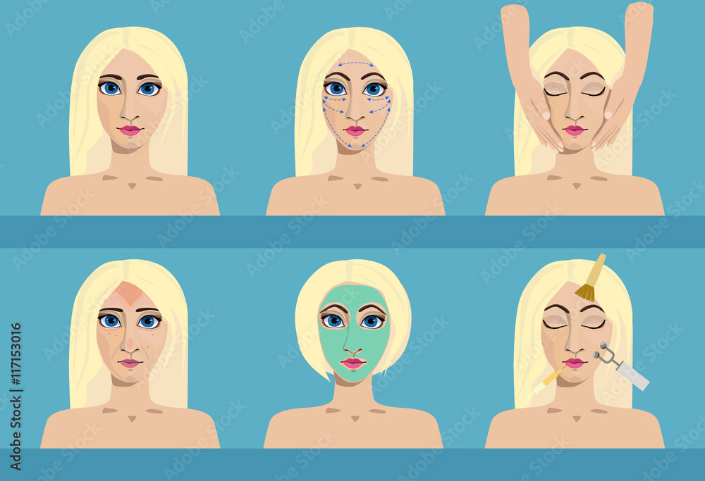 A vector set of cosmetology icons. Medical procedures for beauty and health care. Woman with problem and healthy skin on the face at a reception at the beautician. A vector set of cosmetology icons. Medical procedures for beauty and health care. Woman with problem and healthy skin on the face at a reception at the beautician.