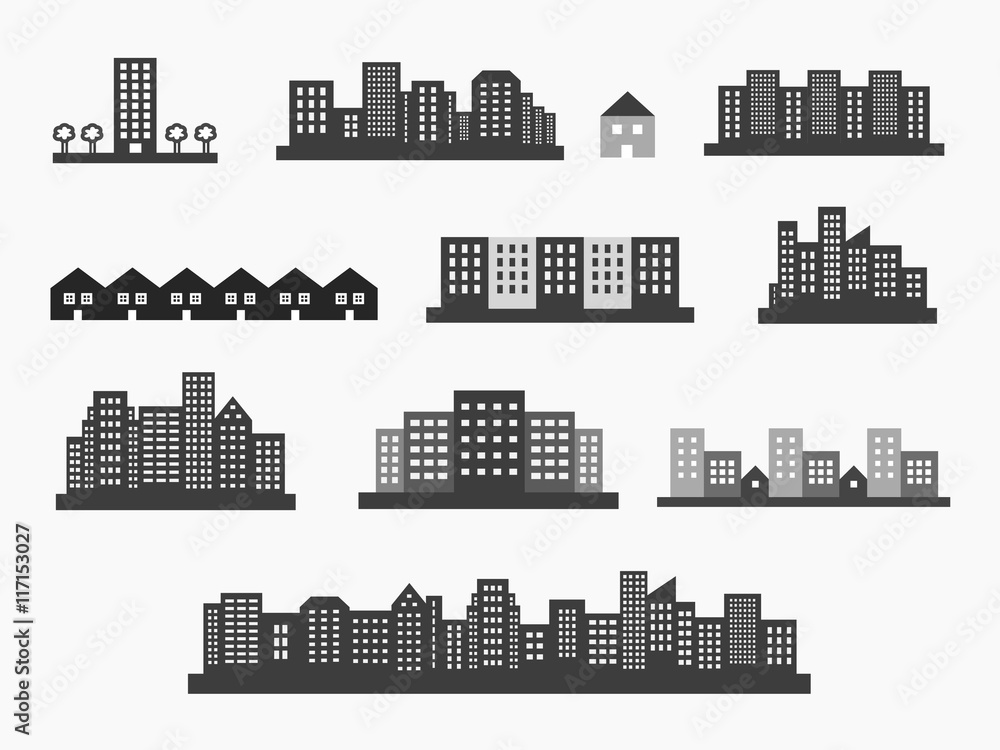 Architecture icons silhouettes set, skylines and houses vector d