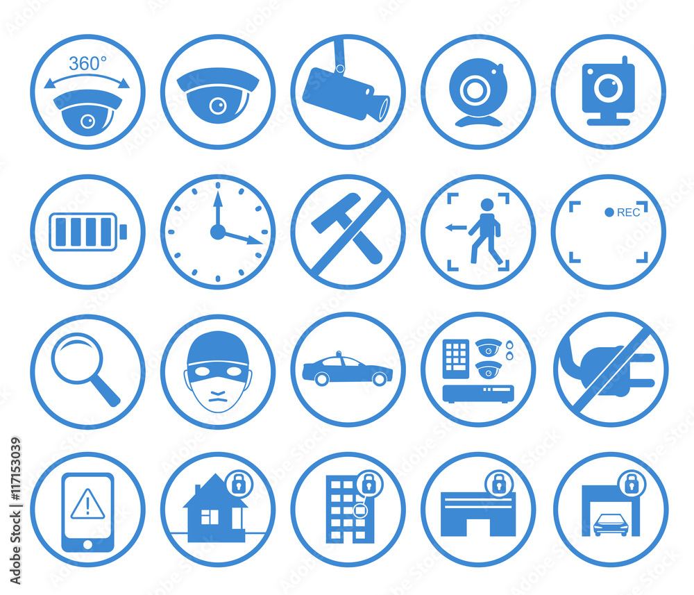 Vector set of video surveillance and security systems icons. Illustration of blue round protection pictograms on white background. Vector set of video surveillance and security systems icons. Illustration of blue round protection pictograms on white background.