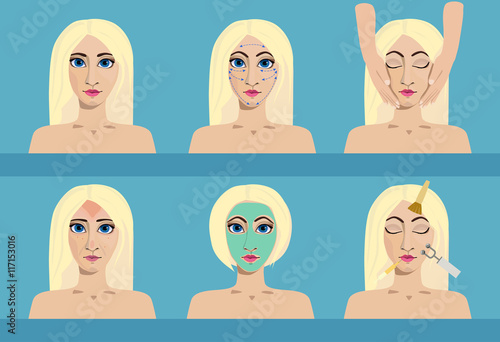 A vector set of cosmetology icons. Medical procedures for beauty and health care. Woman with problem and healthy skin on the face at a reception at the beautician.