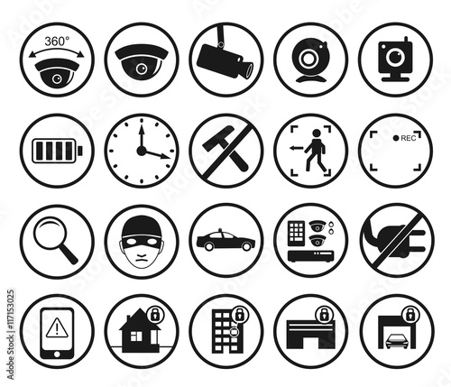 Vector set of video surveillance and security systems icons. Illustration of black and white protection pictograms.