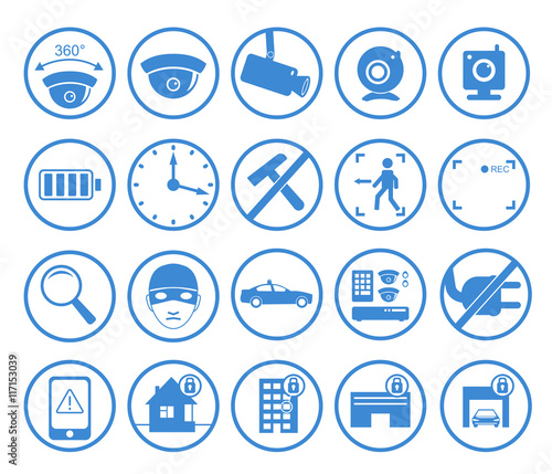 Vector set of video surveillance and security systems icons. Illustration of blue round protection pictograms on white background.