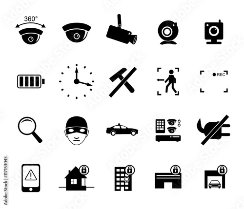 Vector set of video surveillance and security systems icons. Illustration of black and white protection pictograms.