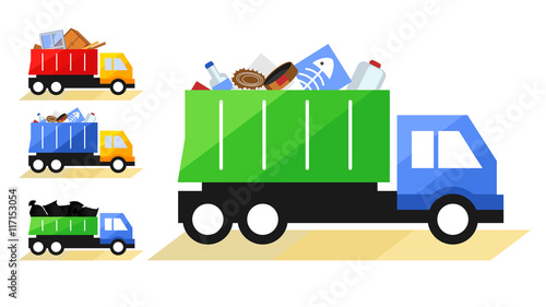 Vector illustration of Garbage Truck. Isolated lorry with various kinds of trash on white background. photo