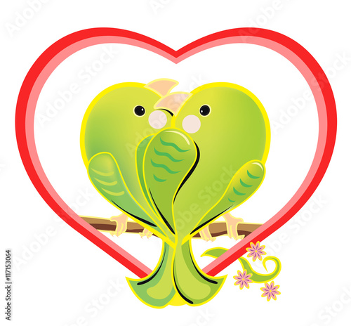 Vector illustration of a amorous green parrots. The romantic cartoon love birds sitting on a branch. Bright enamored birds couple in a heart shape on white background.