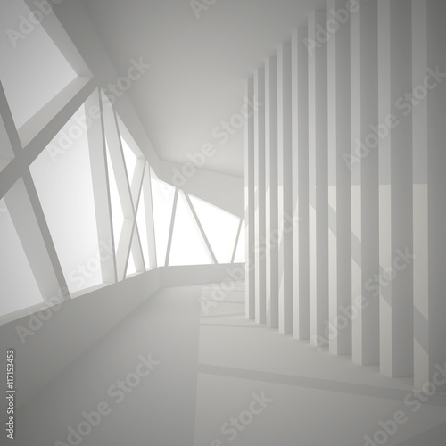 Fototapeta Naklejka Na Ścianę i Meble -  3d illustration. White interior of not existing building. The walls of vertical and inclined elements with shadows. Perspective view, render.
