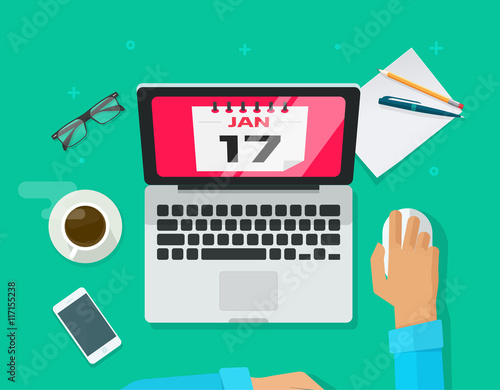Calendar events planning management concept, flat person work desk browsing organizer reminder on laptop, project deadline or significant date schedule vector illustration top view