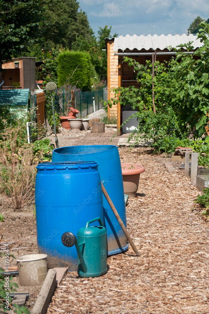 bidons d'eau de pluie dans un jardin potager Stock Photo