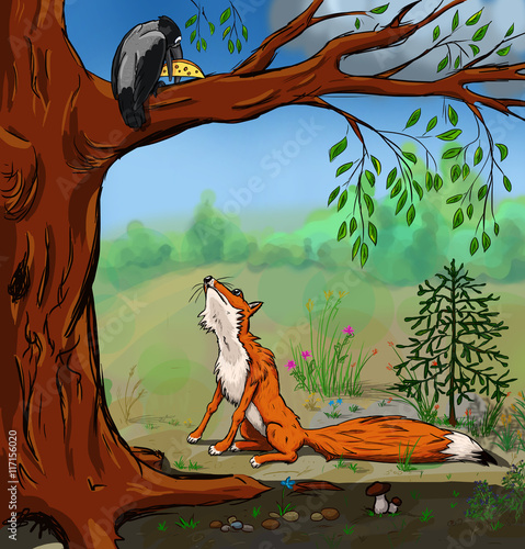 Obraz na plátně Illustration of crow with the cheese and the fox