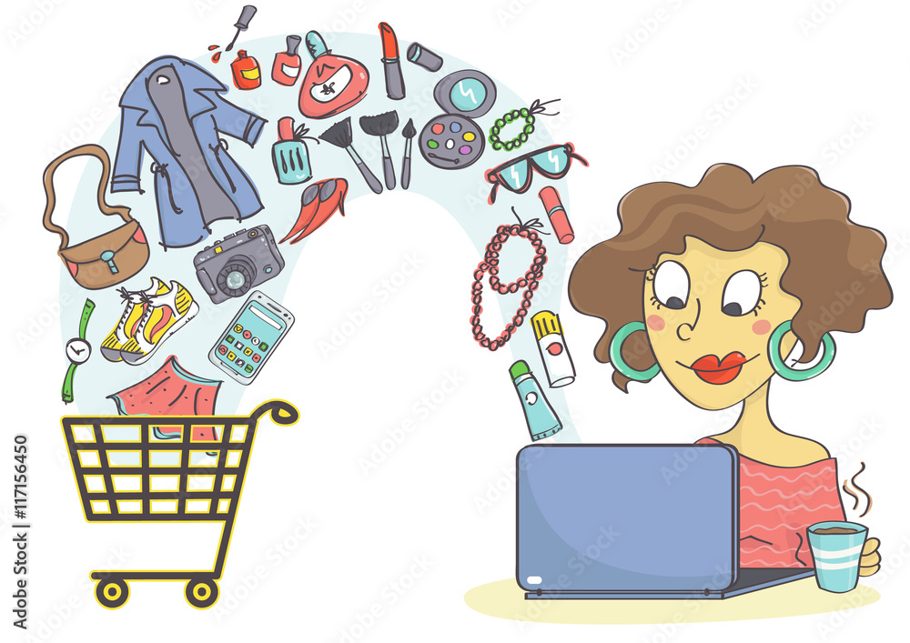 Woman shopping online with laptop. Online buying devices, clothes, makeup  and fashion accessories. Stock Vector | Adobe Stock
