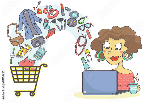 Woman shopping online with laptop. Online buying devices, clothes, makeup and fashion accessories.