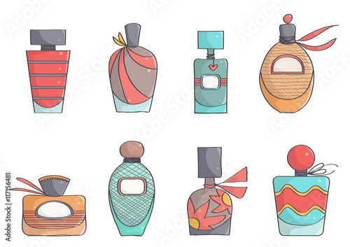 Set of cute, colorful perfume bottles. Stylish, trendy perfumes.