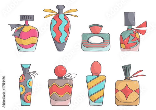 Set of stylish, colorful perfume bottles. Cute, trendy perfumes.