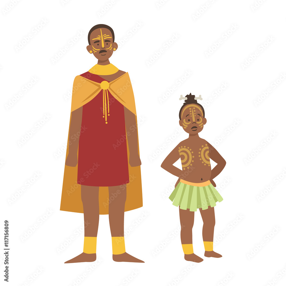 Chief And His Son In Skirt From African Native Tribe