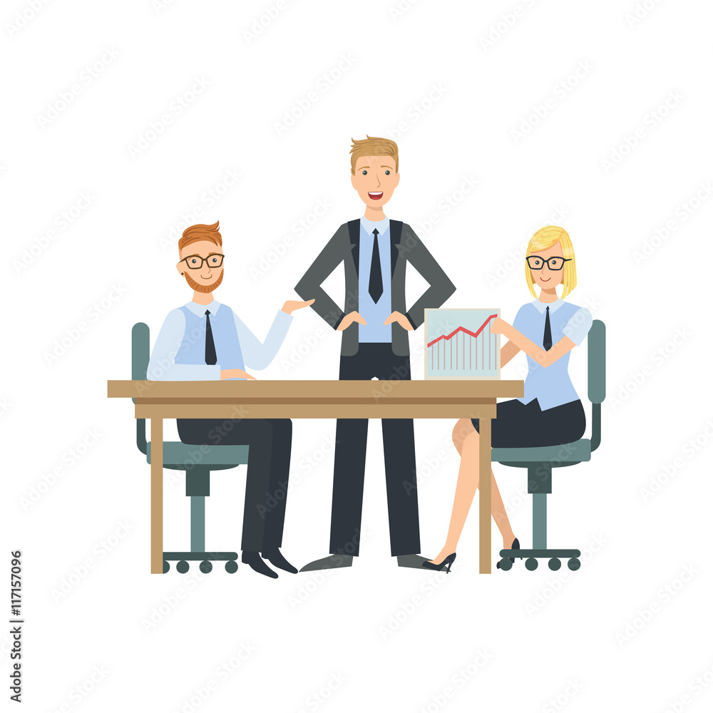 Managers Sitting Behind The Desk Presenting The Plan Teamwork Illustration Managers Sitting Behind The Desk Presenting The Plan Teamwork Illustration