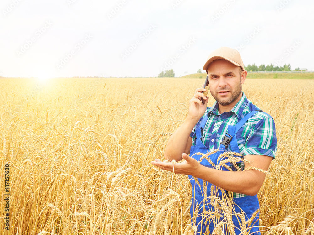 Farmer in a plaid shirt controlled his field. Talking on the pho Farmer in a plaid shirt controlled his field. Talking on the pho