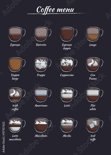 The coffee map or menu infographics in paper cut style. Vector illustration set