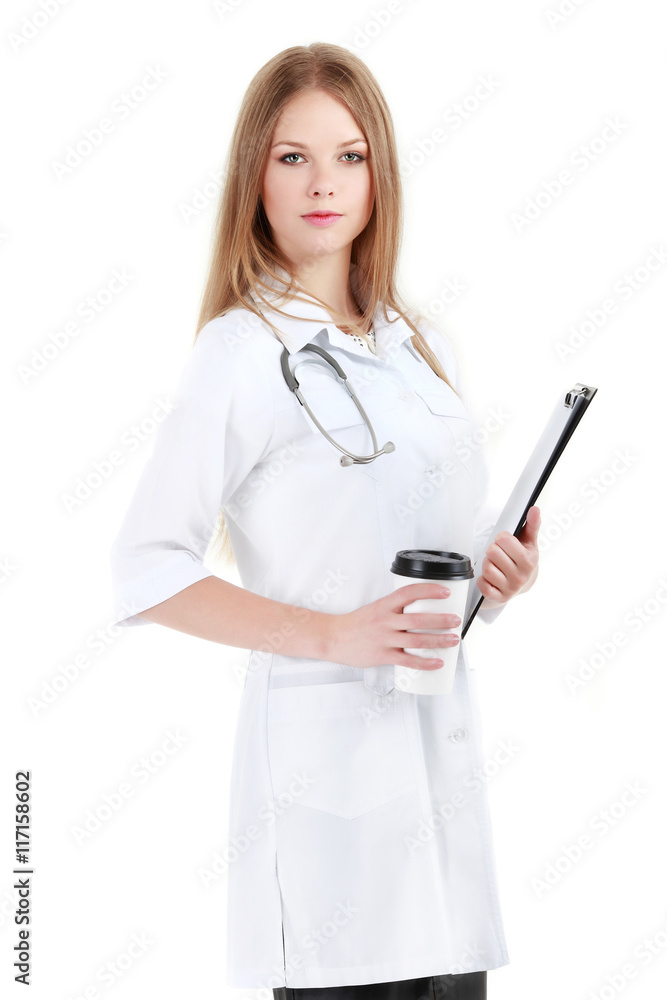 Portrait of young woman doctor with white coat standing in hospital Portrait of young woman doctor with white coat standing in hospital