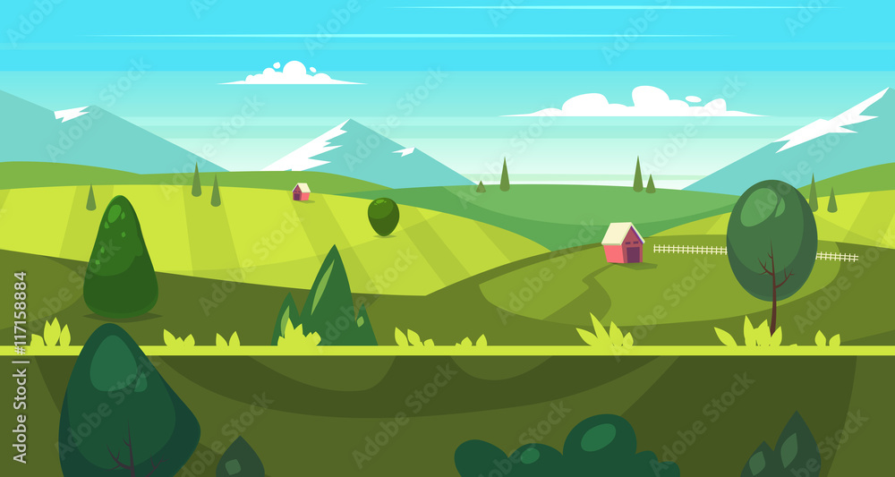 Cartoon nature seamless landscape with houses