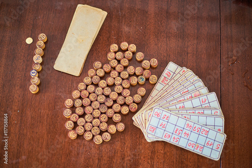 Vintage lotto kegs and cards.
