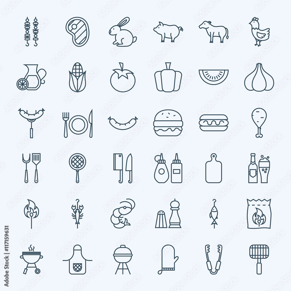 Naklejka premium Line Barbecue Party Icons