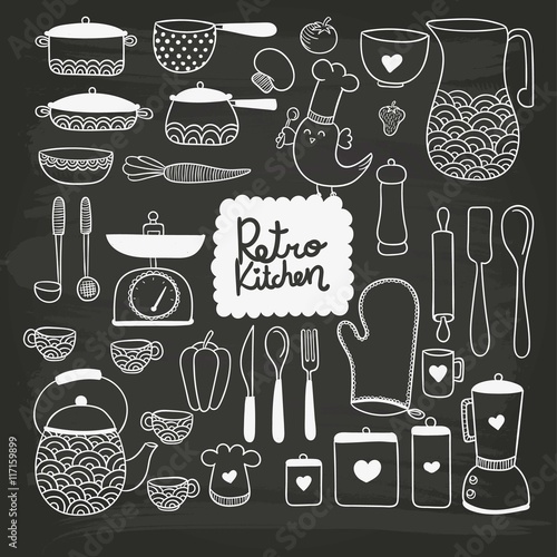 Hand drawn kitchenware in blackboard style