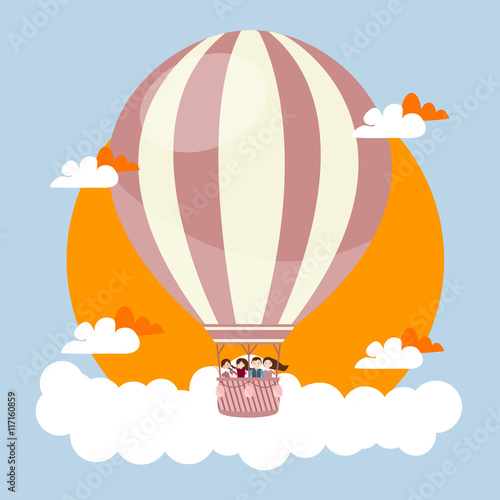 people kids flying in sky with hot balloon friends vector illustration travel