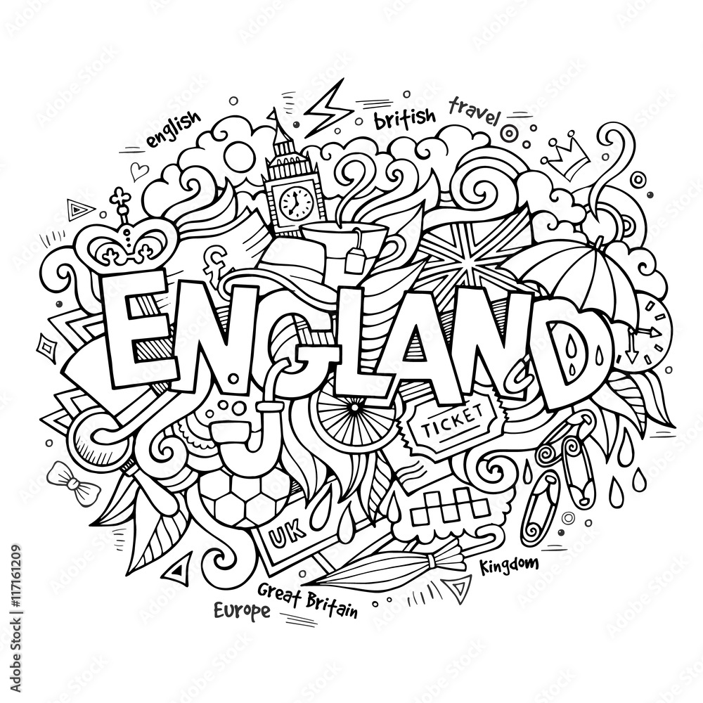 England hand lettering and doodles elements background. Vector i