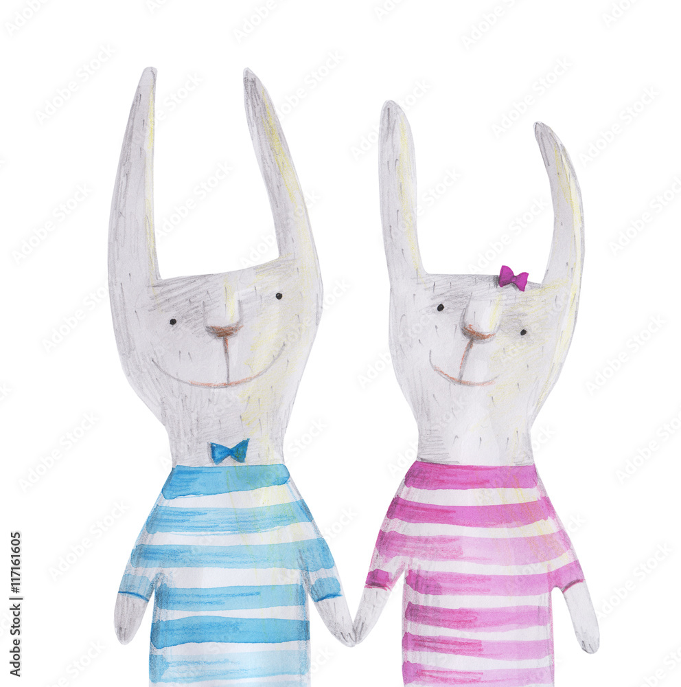 Obraz premium Two bunny. Watercolor illustration. Hand drawing
