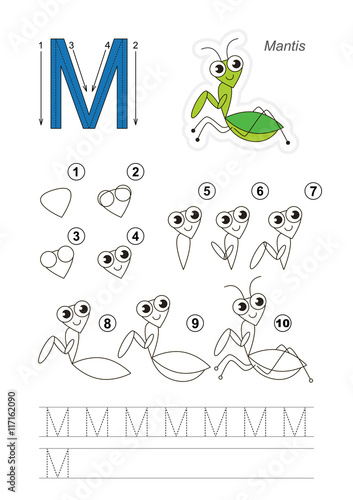 Drawing tutorial. Game for letter M. Funny Mantis.
