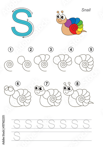 Drawing tutorial. Game for letter S. The snail.