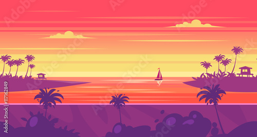 Cartoon nature seamless landscape with sea and palm
