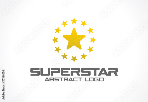 Abstract logo for business company. Corporate identity design element. Social Media, award, talent logotype idea. Gold superstar whith star group around, yellow polygon concept. Colorful Vector icon