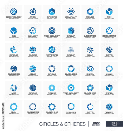 Abstract geometric logo set for business company. Corporate identity design elements. Orbit, atom, roll wheel, segment connect concept. Radius, Sphere, Circle, Globe logotype collection. Vector icons